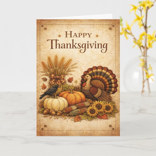 Vintage Rustic Thanksgiving Turkey Harvest  カード (黄色い花)