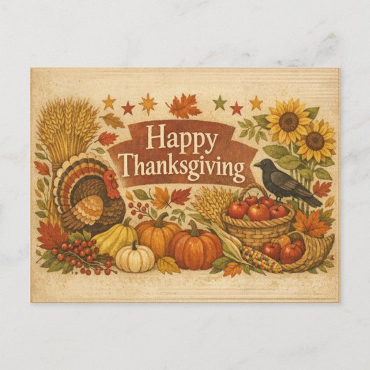 Vintage Rustic Thanksgiving Turkey Harvest  シーズンポストカード (正面)