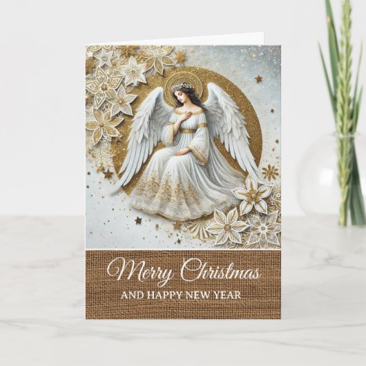 Vintage Rustic White and Gold Angel Christmas  カード (正面)