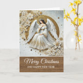 Vintage Rustic White and Gold Angel Christmas  カード (黄色い花)