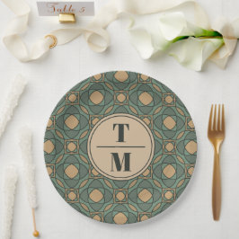 Vintage Sage Green and Gold Geometric Paper Plates ペーパープレート