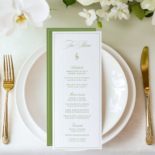 Vintage Sage Green & Beige Striped Wedding Menu 招待状
