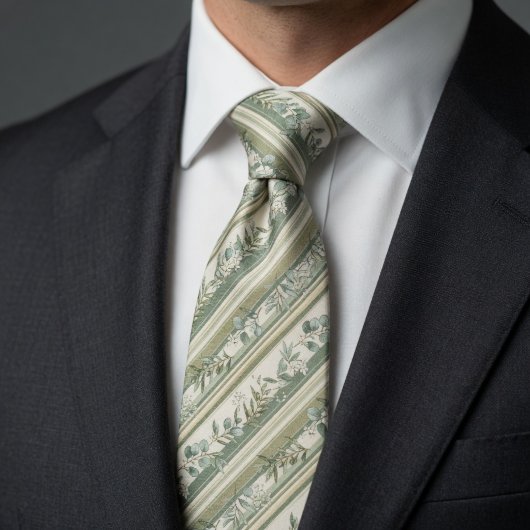 Vintage Sage Green Botanical Stripe ネクタイ