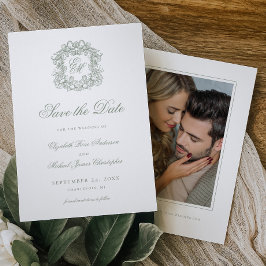 Vintage Sage Green Crest Monogram Wedding Photo セーブザデート
