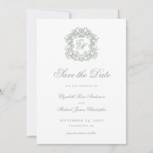 Vintage Sage Green Crest Monogram Wedding Photo セーブザデート (正面)