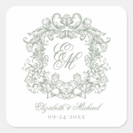 Vintage Sage Green Elegant Wedding Monogram Crest スクエアシール