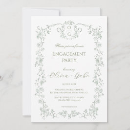 Vintage Sage Green French Floral Engagement Party 招待状