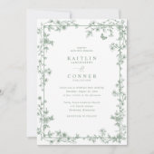 Vintage Sage Green French Floral Toile Wedding 招待状 (正面)