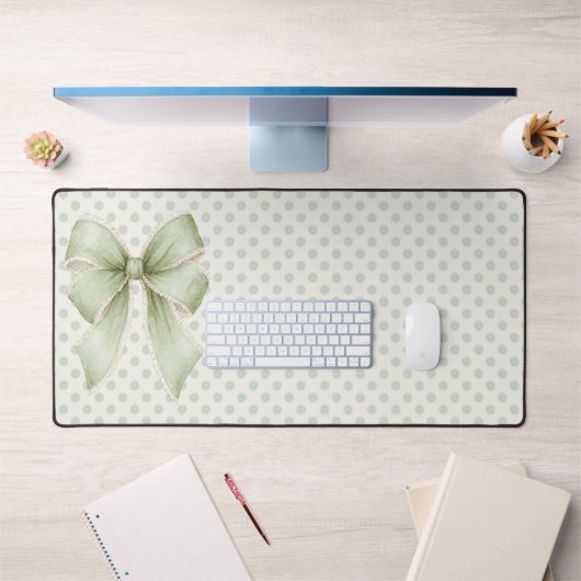 Vintage Sage Green Polkadot Ribbon  デスクマット (オフィス1)