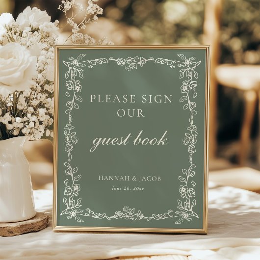 Vintage Sage Green Wedding Guestbook Sign ポスター