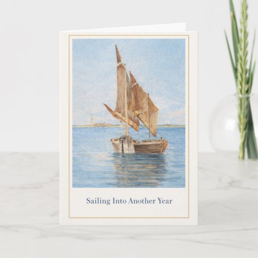 Vintage Sailboat Birthday Card • Coastal Nautical カード (正面)