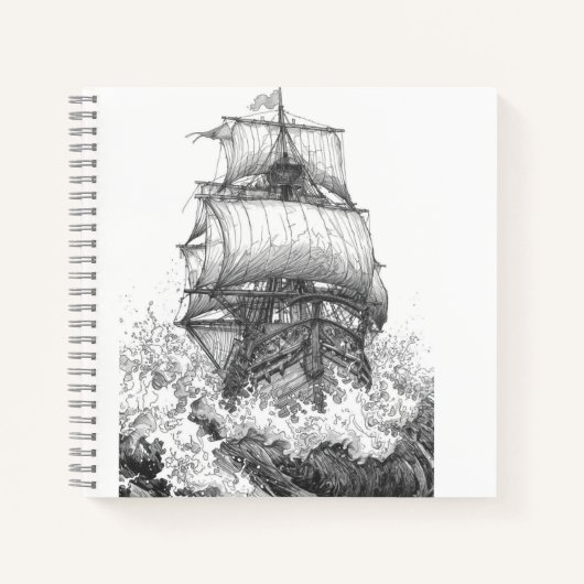 Vintage Sailboat Sketch Monochrome Notebook ノートブック (正面)