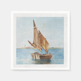 Vintage Sailboat Watercolor Coastal Water View スタンダードカクテルナプキン