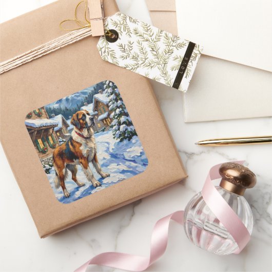 Vintage Saint Bernard Alpine Christmas Painting スクエアシール (ギフト)