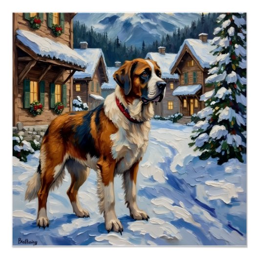 Vintage Saint Bernard Alpine Christmas Painting ポスター (正面)
