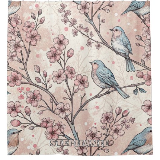 Vintage Sakura Cherry Blossom & Bird  Aesthetic 5 シャワーカーテン (正面)