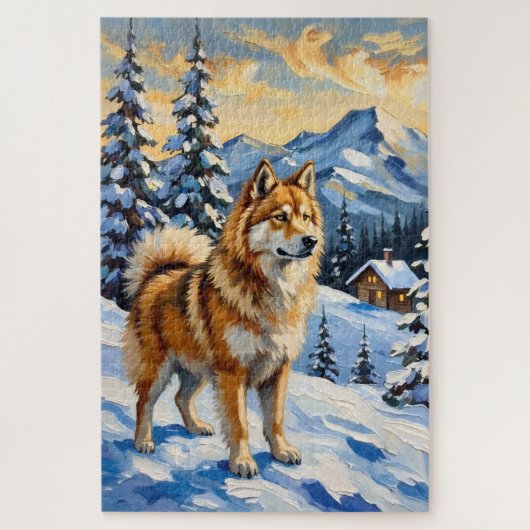 Vintage Samoyed in Alpine Christmas Landscape ジグソーパズル (縦)