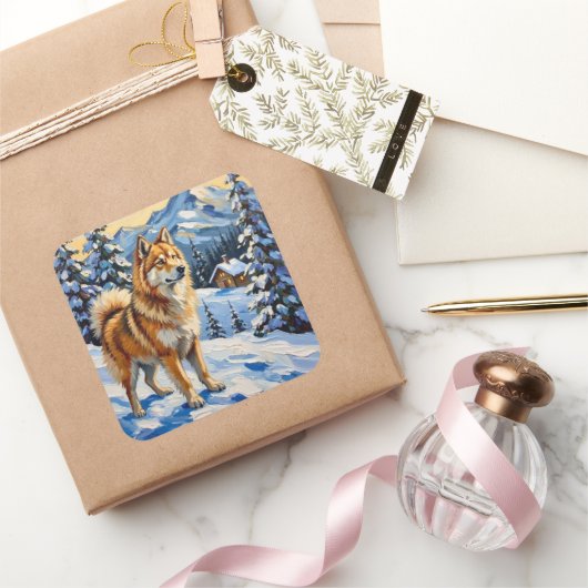 Vintage Samoyed in Alpine Christmas Landscape スクエアシール (ギフト)