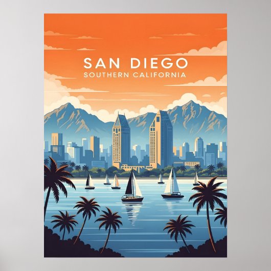 Vintage San Diego skyline with sailboats ポスター (正面)