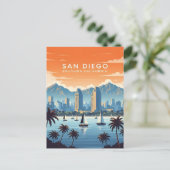 Vintage San Diego skyline with sailboats ポストカード (スタンド正面)