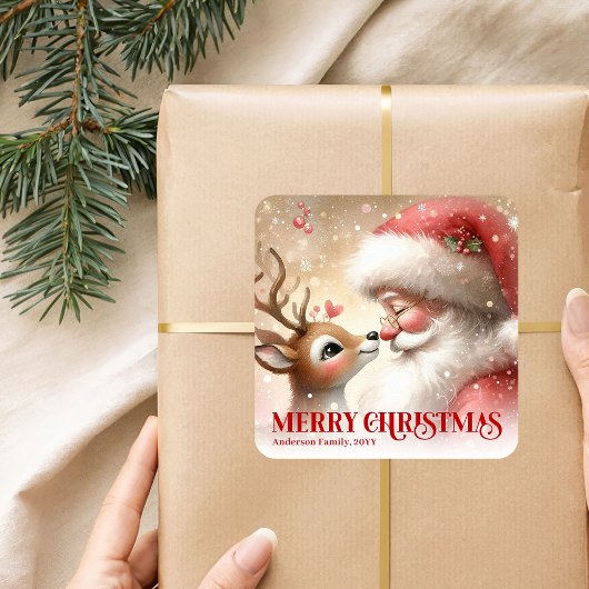 Vintage Santa and Rudolph Personalized Holiday  スクエアシール