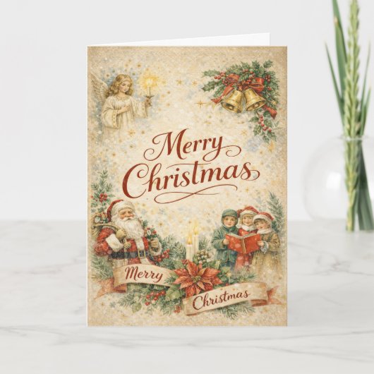 Vintage Santa Angel and Carolers Merry Christmas シーズンカード (正面)