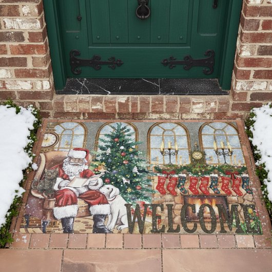 Vintage Santa by the Fireplace Christmas Rustic  ドアマット