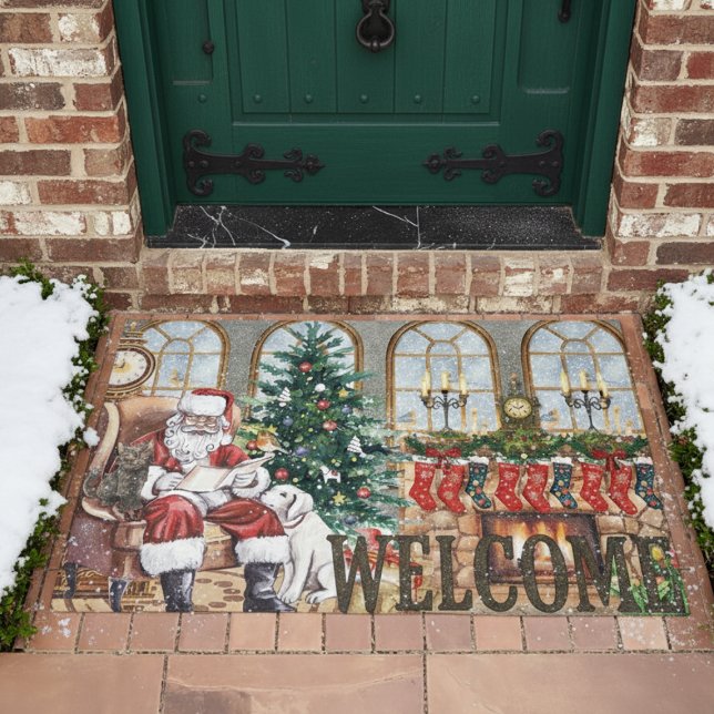 Vintage Santa by the Fireplace Christmas Rustic  ドアマット (クリエイターアップロード済み)
