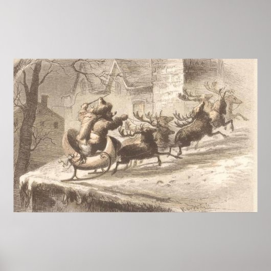 Vintage Santa Claus and Reindeer Illustration ポスター (正面)