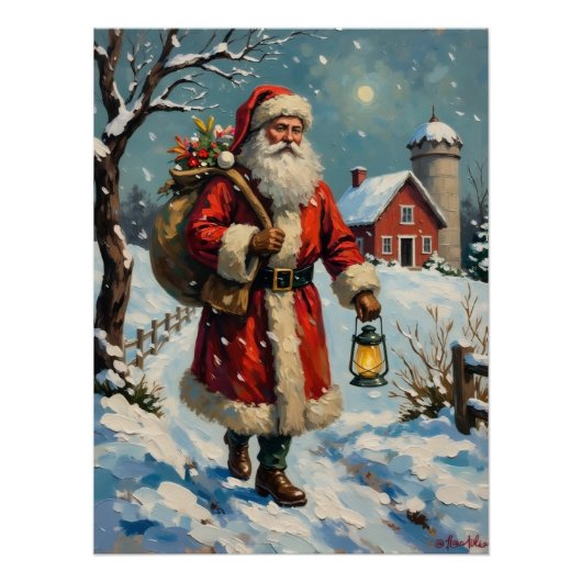 Vintage Santa Claus on Snowy Farmhouse Path ポスター (正面)