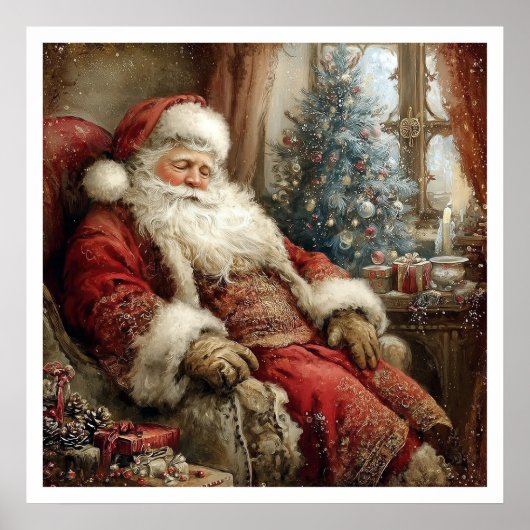 Vintage Santa Claus Sleeping Illustration Style ポスター (正面)