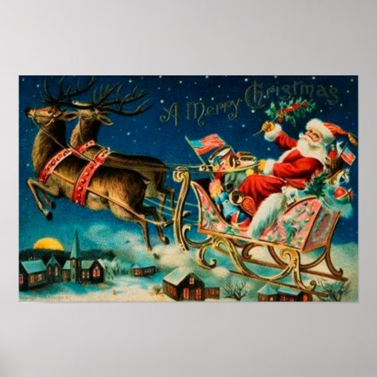 Vintage Santa Claus Sleigh Christmas Holiday ポスター (正面)