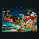 Vintage Santa Claus Sleigh Christmas Holiday ポスター<br><div class="desc">Original vintage Santa Claus on sleigh with reindeers illustration.</div>