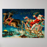Vintage Santa Claus Sleigh Christmas Holiday ポスター<br><div class="desc">Original vintage Santa Claus on sleigh with reindeers illustration.</div>