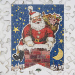 Vintage Santa Claus, Twas Night Before Christmas ジグソーパズル<br><div class="desc">Vintage illustration Merry Christmas holiday story book cover art from the classic children's novel "Twas the Night Before Christmas." This design features a happy, jolly Santa Claus climbing down the chimney of a house with a sack full of toys on Christmas Eve. Twinkling, yellow stars are in the bright blue...</div>