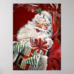Vintage Santa Claus with many gifts ポスター