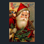 Vintage Santa Claus with Walking Stick ポスター<br><div class="desc">A charming vintage Christmas poster featuring good old Santa Claus with toys and a walking stick.</div>