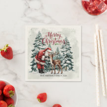 Vintage Santa & Deer Christmas Napkin