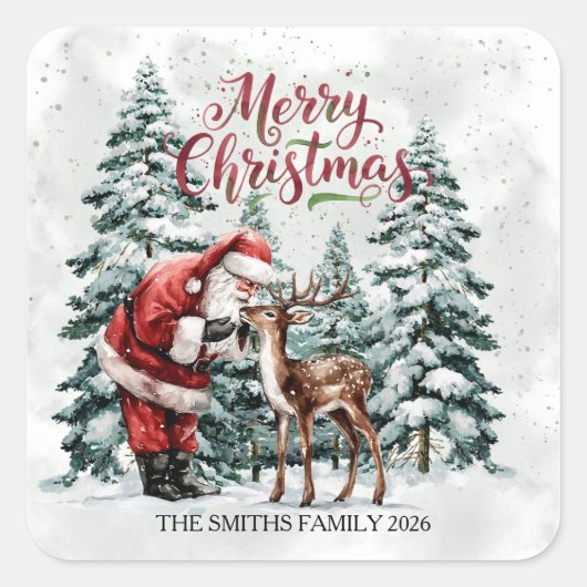 Vintage Santa & Deer Christmas Square Sticker スクエアシール (正面)