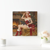 Vintage Santa Pin-up Art スクエア壁時計 (ホーム)