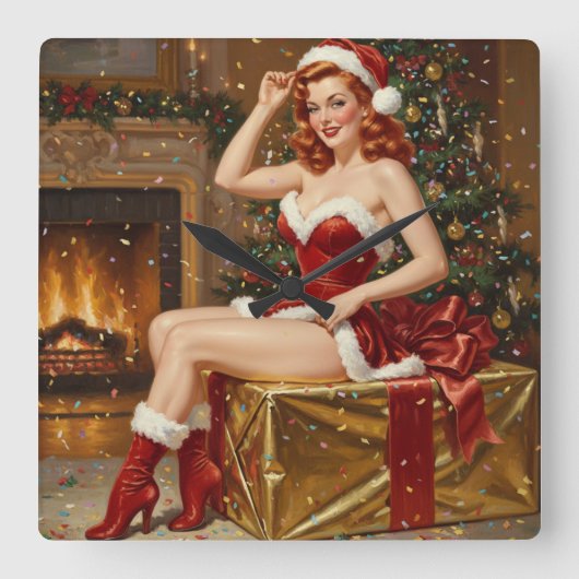 Vintage Santa Pin-up Art スクエア壁時計 (正面)