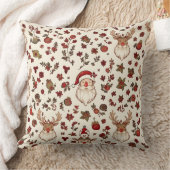 Vintage Santa & Reindeer Christmas Pillow クッション (ブランケット)