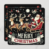 Vintage Santa & Reindeer Starry Night Christmas  招待状 (正面/裏面)