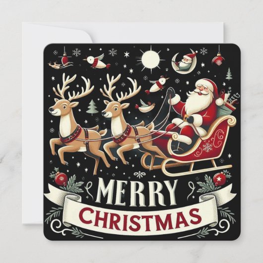 Vintage Santa & Reindeer Starry Night Christmas  招待状 (正面)