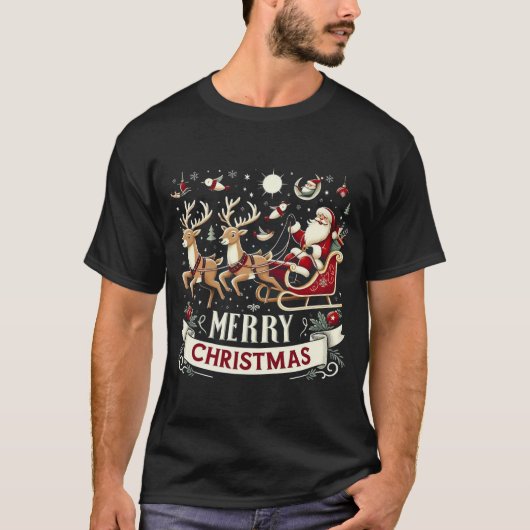 Vintage Santa & Reindeer Starry Night Christmas  Tシャツ (正面)