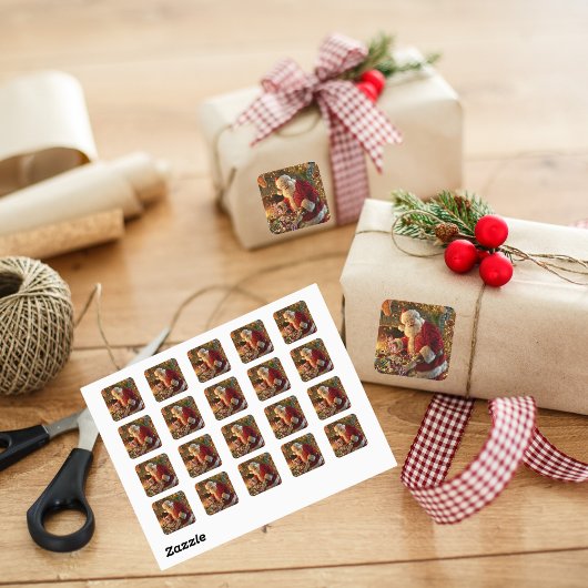 Vintage Santa Under Gold Lights Fireplace ラウンドシール