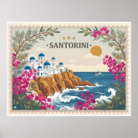 Vintage Santorini Greece Travel Postcard ポスター (正面)