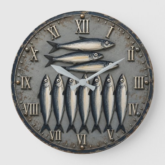 Vintage Sardines Coastal Fishing Kitchen ラージ壁時計 (正面)