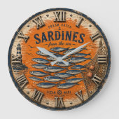 Vintage Sardines Coastal Nautical Kitchen ラージ壁時計 (正面)