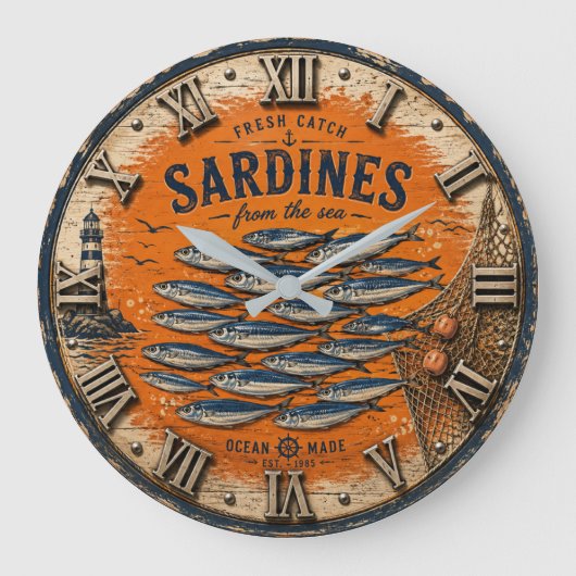 Vintage Sardines Coastal Nautical Kitchen ラージ壁時計 (正面)